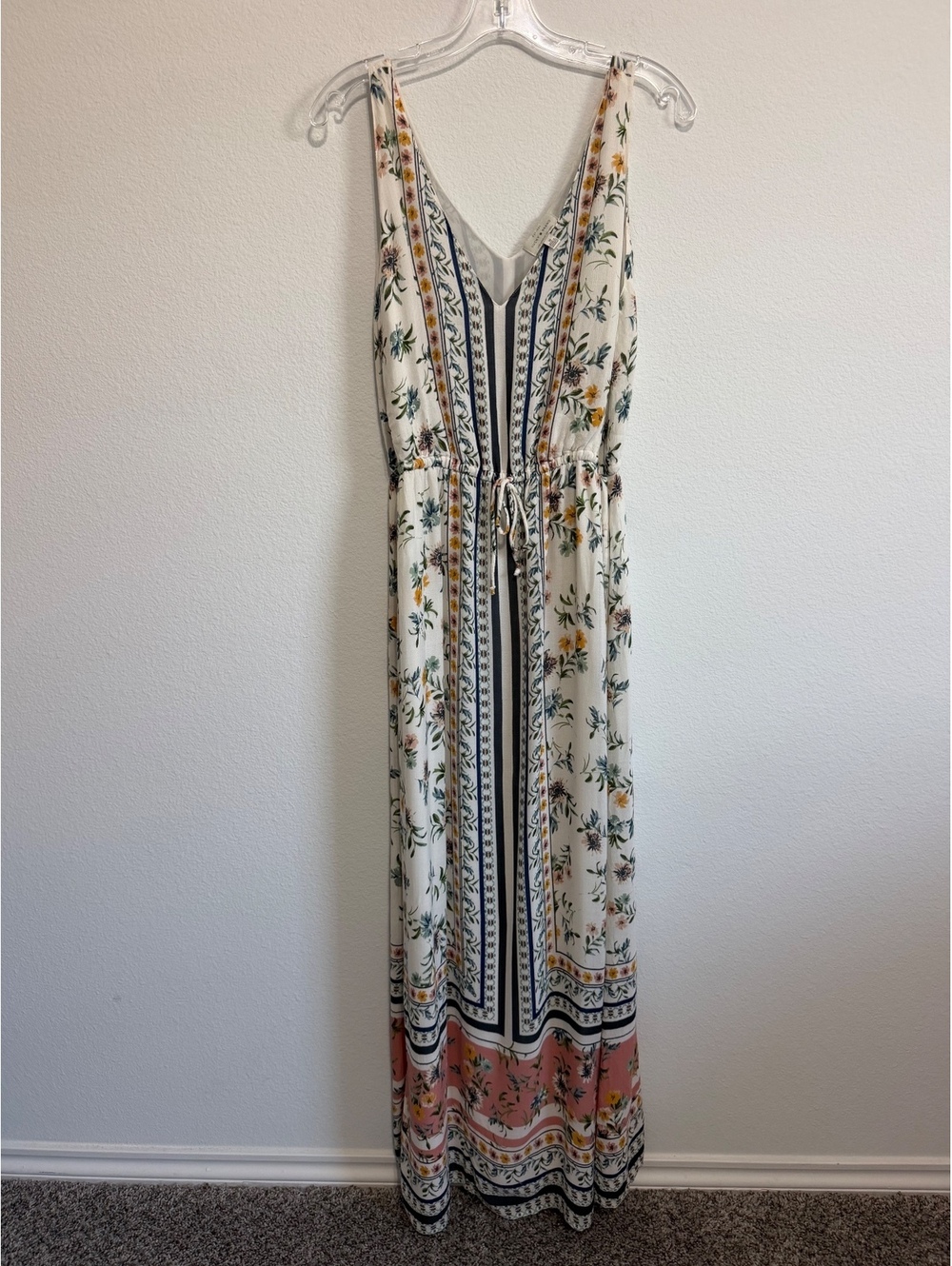 Lucky Brand Sleeveless V-Neck Drawstring Floral Border Boho Maxi Dress Size M